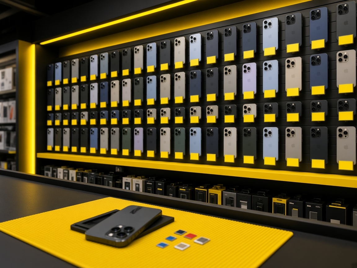 Yellow-lit phone wall with promo handsets and SIM cards