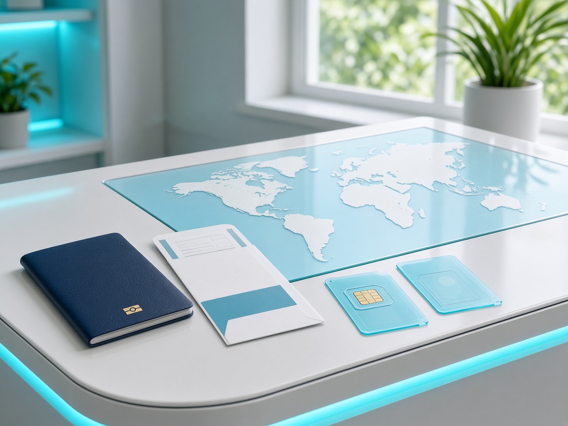 Travel desk with aqua SIM sleeves and a passport