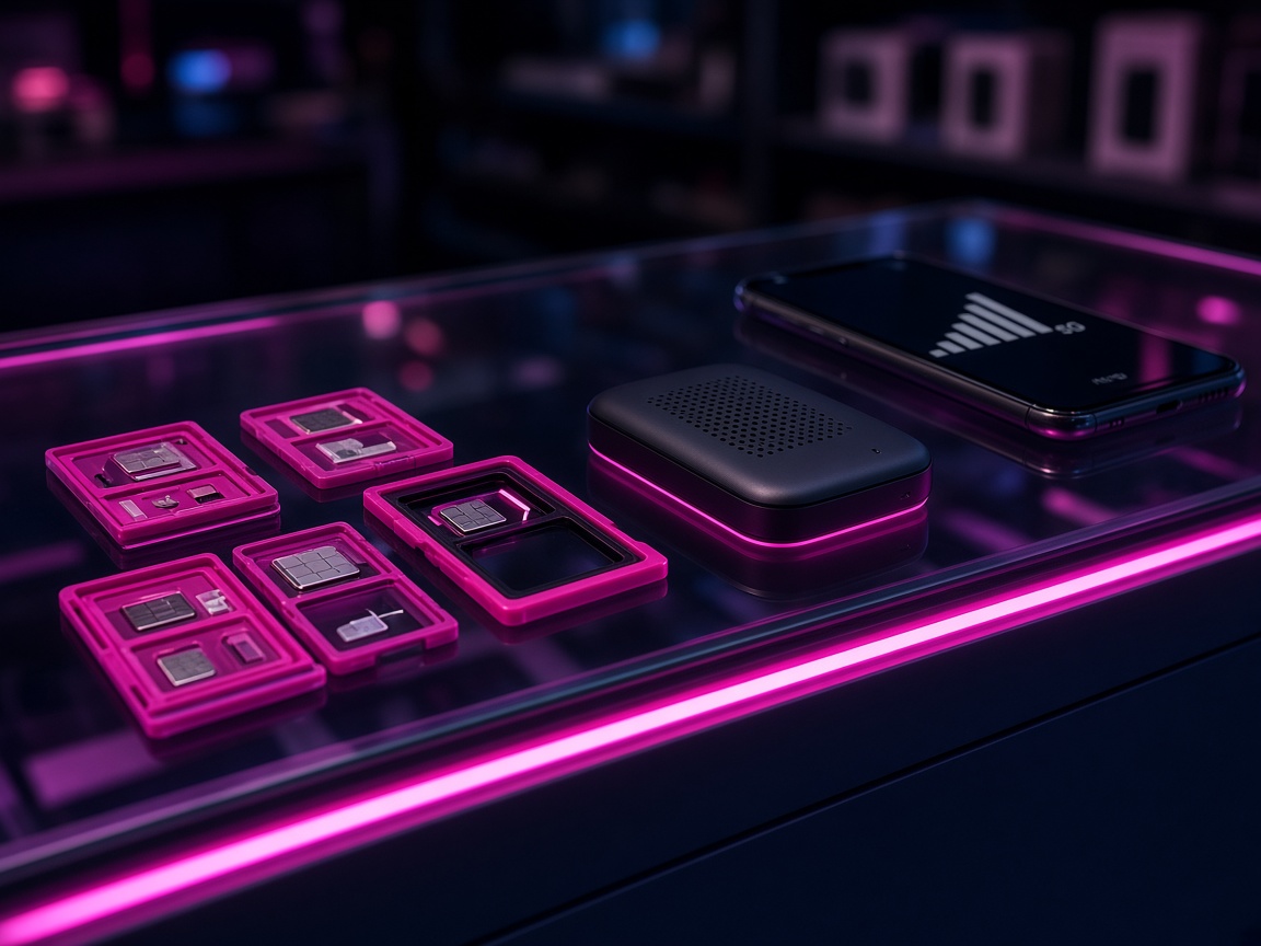 Magenta-lit counter with SIM trays and a 5G hotspot kit