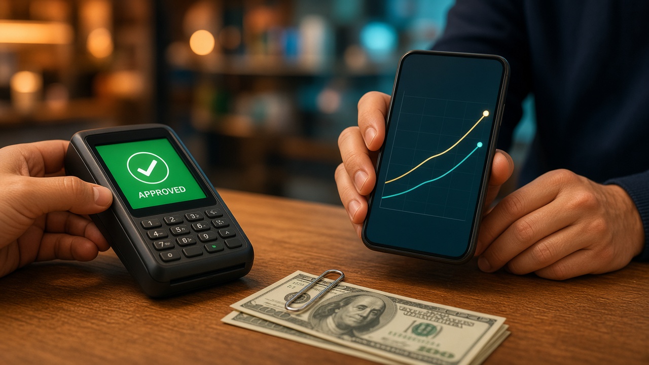 Card reader and phone showing a completed dealer payout