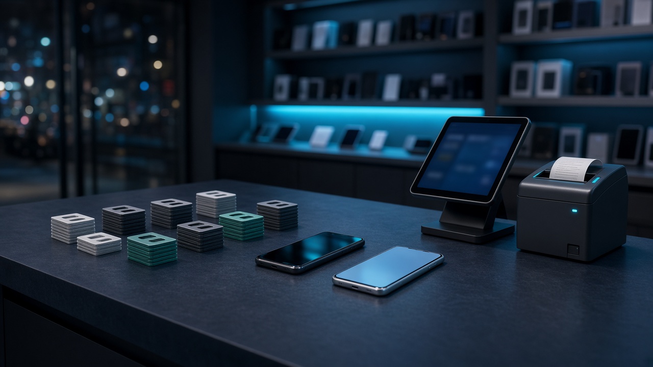 Wholesale SIM trays and phones on a wireless store counter