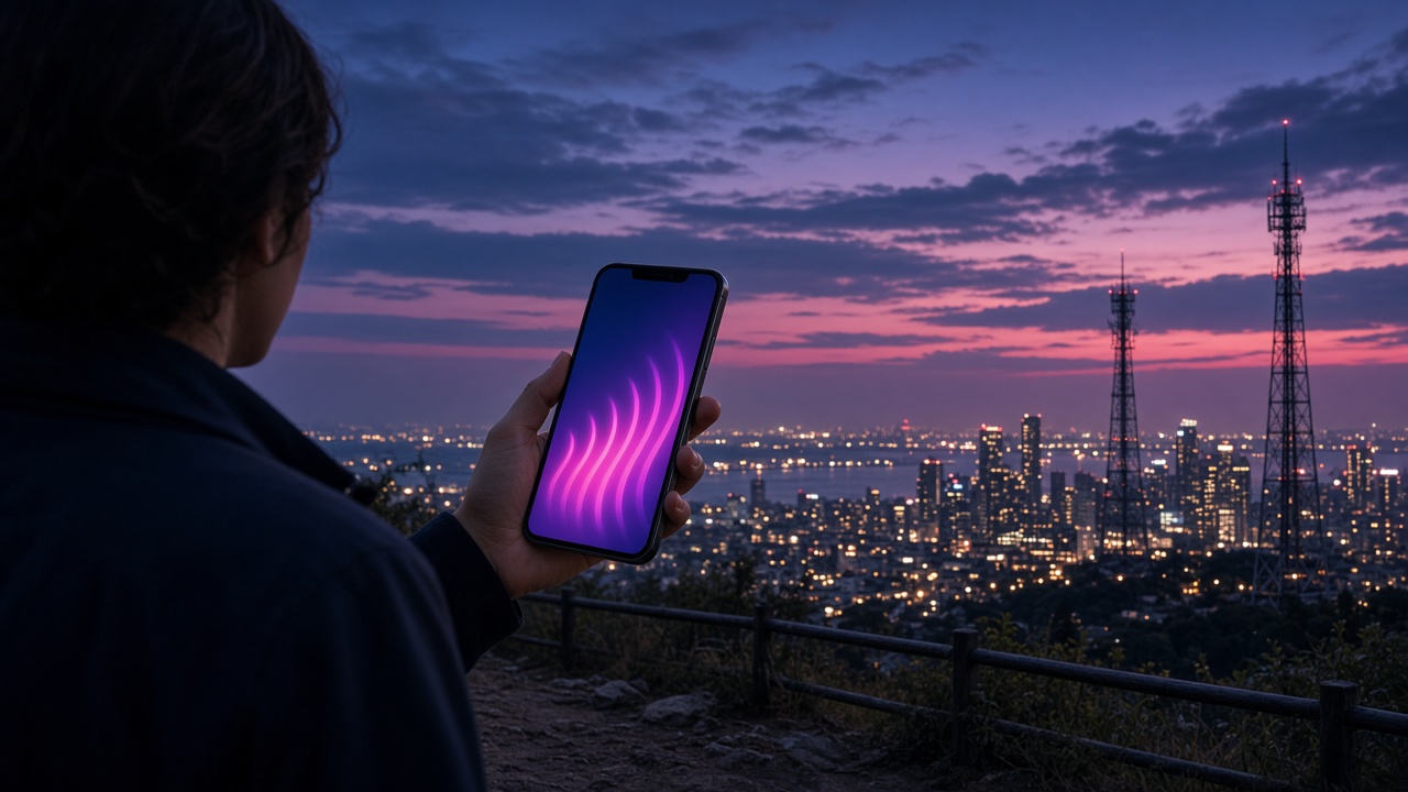 Unlimited plan: phone against a city skyline and towers for nationwide 5G coverage